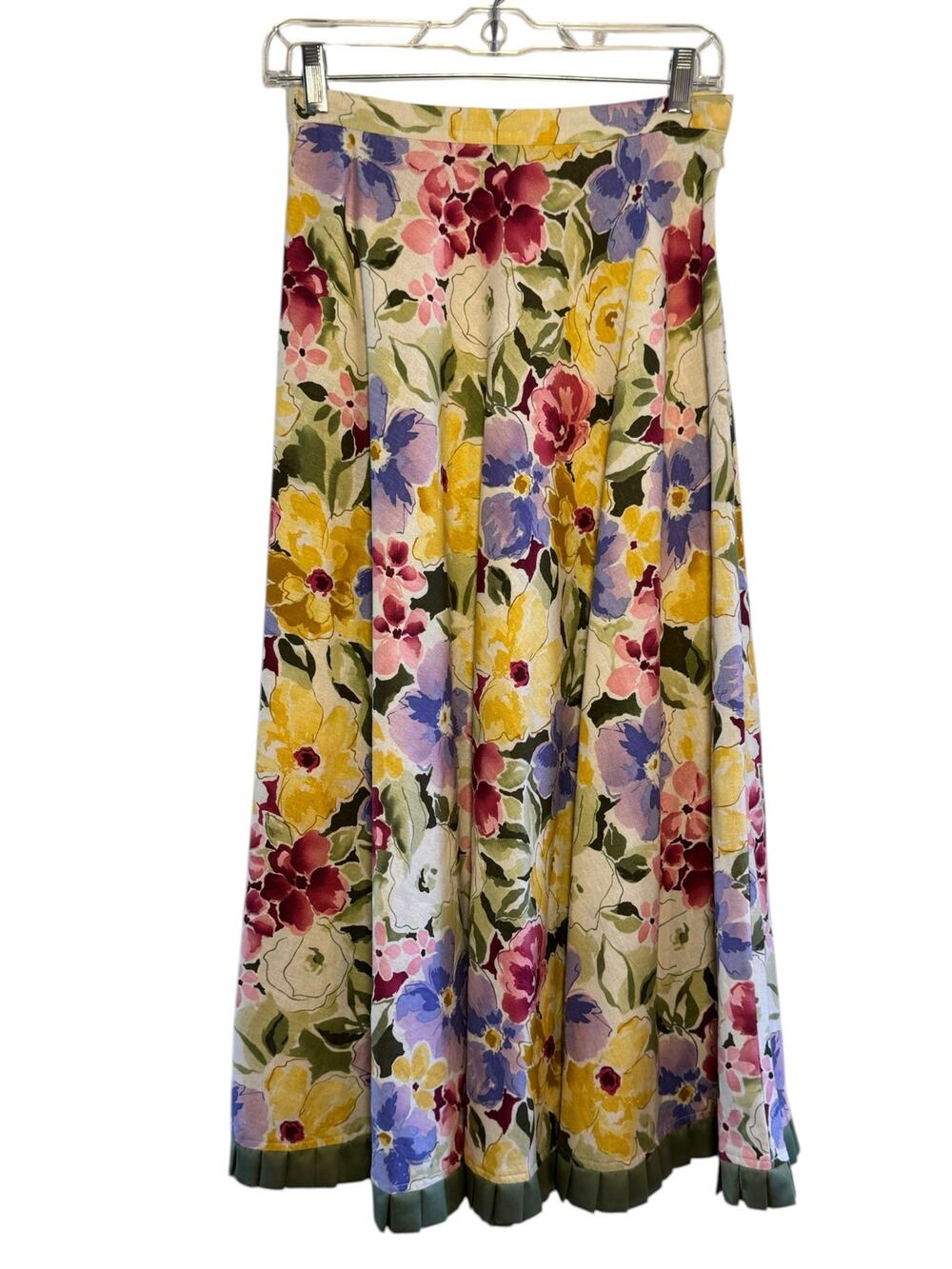 Vtg Coldwater Creek Linen Blend Yellow Floral Maxi Prairie Skirt Petite XS